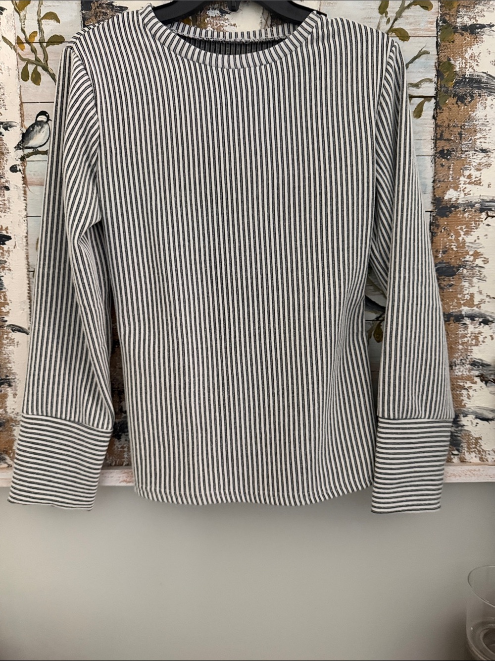 Grey and White Striped Long-Sleeve Lightweight Jersey Top